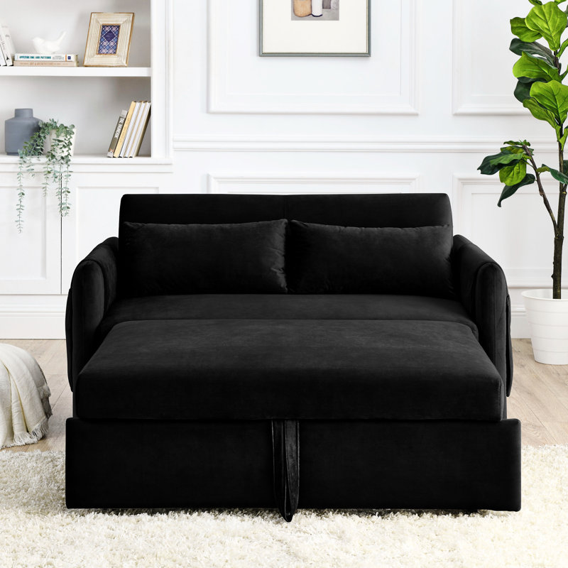 Leiyla Modern 55" Convertible Sofa Bed with Detachable Arm Pockets, Black Velvet