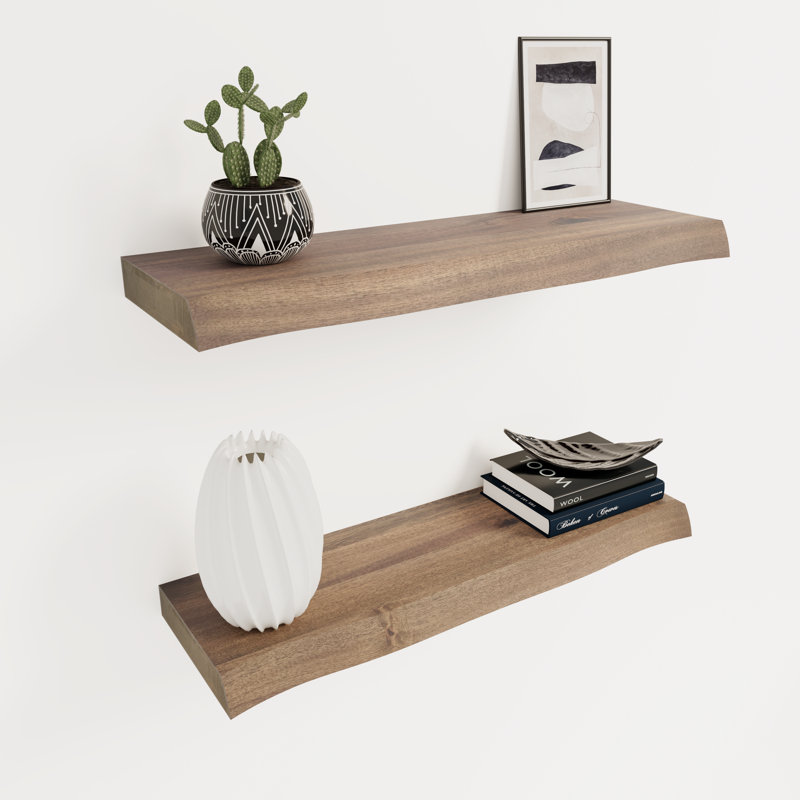 2 Pieces Acacia Solid Wood Live Edge Floating Shelves for Kitchen Wall Decor, Kitchen, Bathroom, Workspace, Teak look 36"x7.5"x1.5"