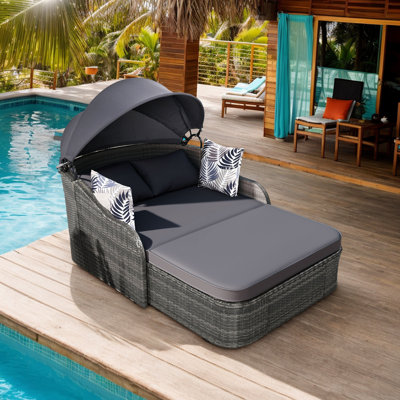 52.5'' Outdoor Patio PE Rattan Daybed with Adjustable Canopy