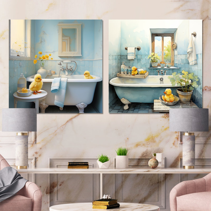 Yellow Duck Bathroom Dip I - Ensemble de 2 décorations murales de salle de bain, Toile tendue, H 16 po x l 33 po x P 1 po