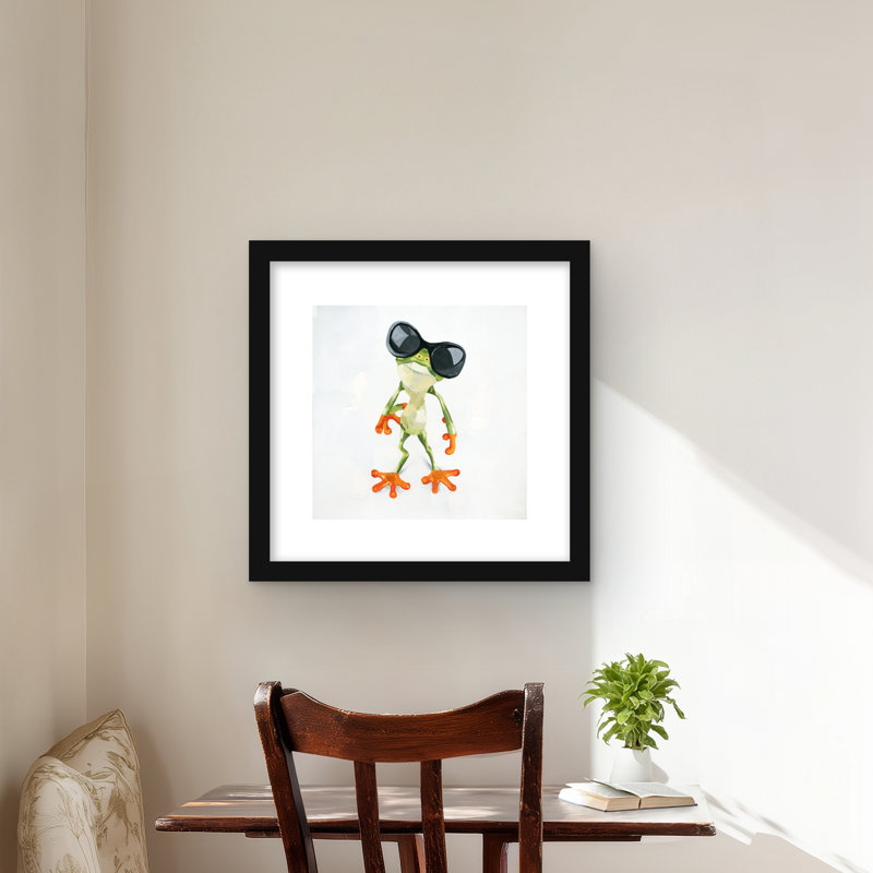 Drôle de grenouille avec lunettes de soleil - reproduction d'art exotique encadrée