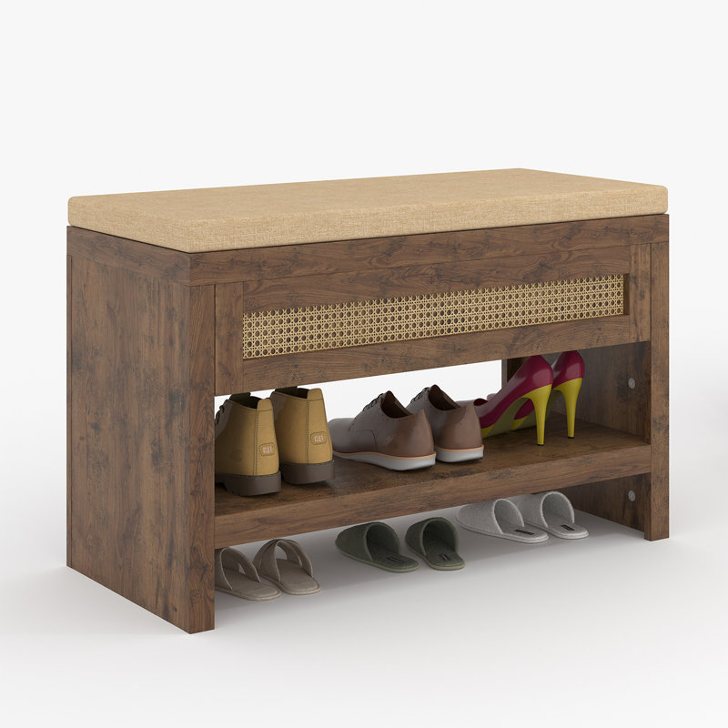 Banc à chaussures en rotin avec coussin et tiroir, support de rangement pour entrée de ferme - naturel, Brun / Naturel