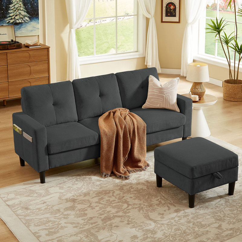 79.14" L Shaped Sofa with Storage Pockets and Reversable Storage Ottoman, Dark Grey