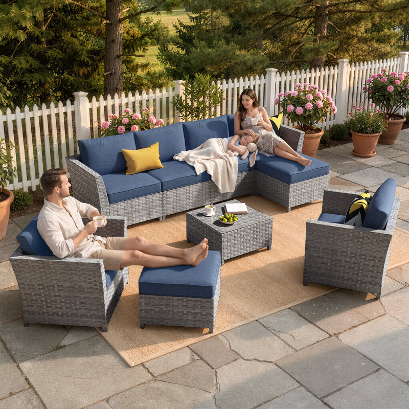 Ensemble de conversation modulaire en rotin de grande taille avec coussins 9 pièces Grano, Bleu