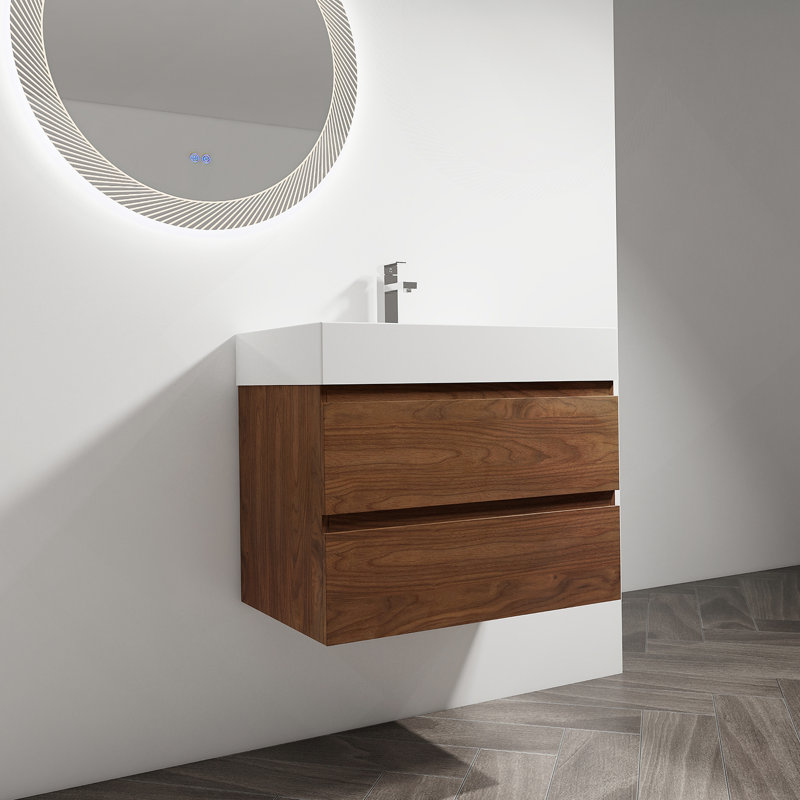 Meuble-lavabo mural 30 po avec lavabo en résine, 2 tiroirs à fermeture en douceur, Chêne brun, 36"