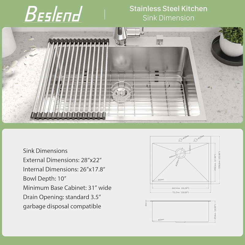 Évier de cuisine encastré simple en acier inoxydable L 28 po x l 22 po, L 28 po x l 22 po