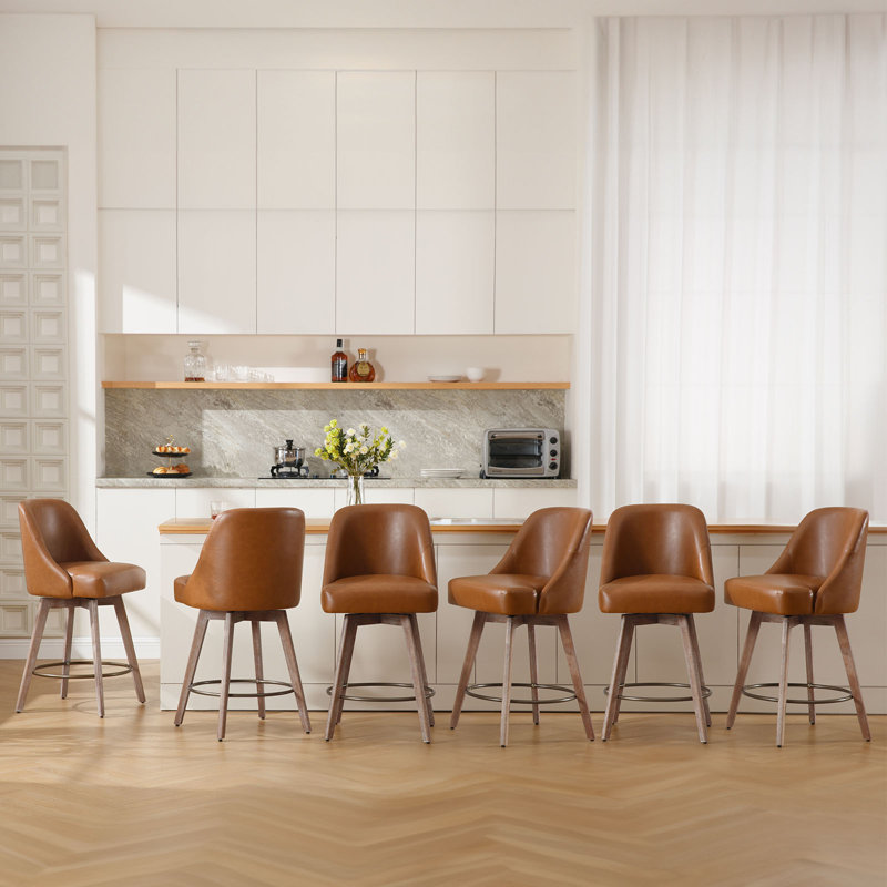 Brown Faux Leather Swivel Counter Stools with Wood Legs, Set of 3