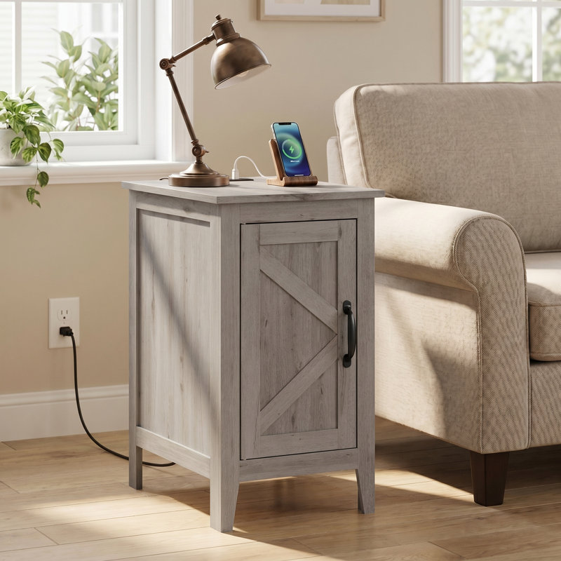 Table de bout avec station de charge, table de chevet étroite avec armoire de rangement,, Gris