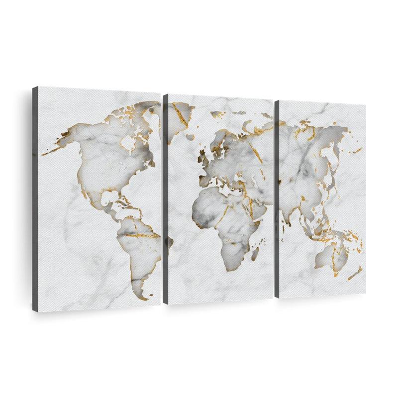 " White Marble World Map " by Enchanté Designs 3 - Pieces, 28" H x 45" W x 1.25" D