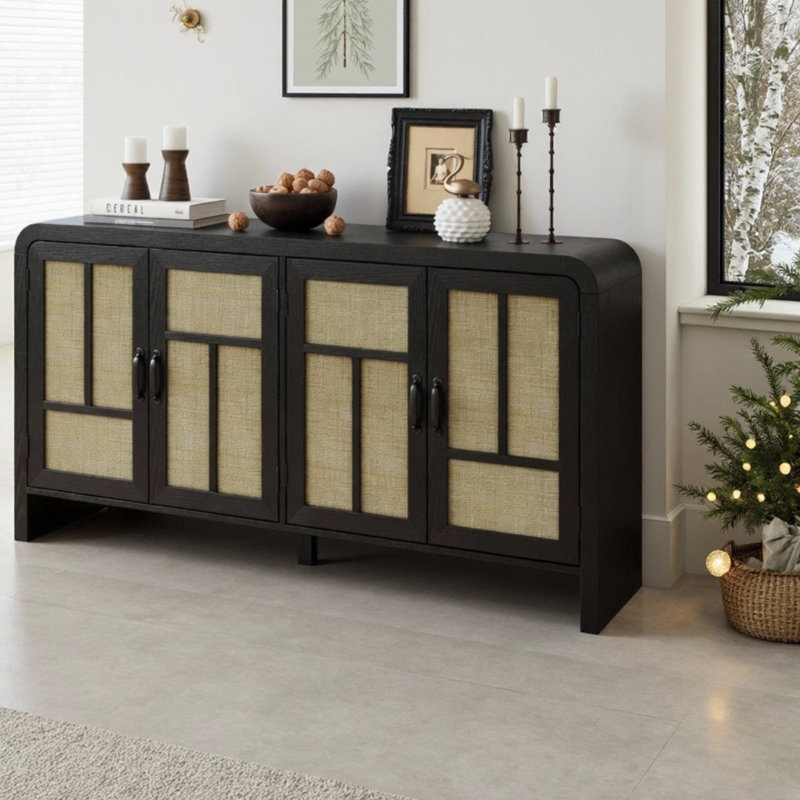 Buffet en rotin noir avec portes tissées à la main, armoire à 4 portes avec tablettes réglables