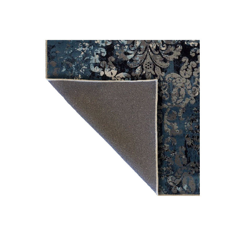 Tapis décoratif rétro à motif traditionnel bleu foncé et lavable à la machine