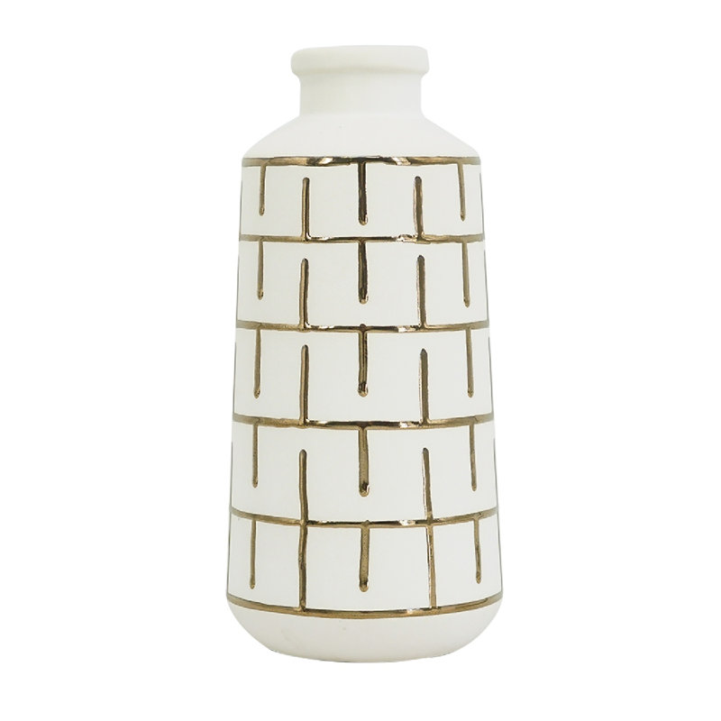 Round White Ceramic Vase with Gold Motif, 12" H x 5.5" W x 5.5" D