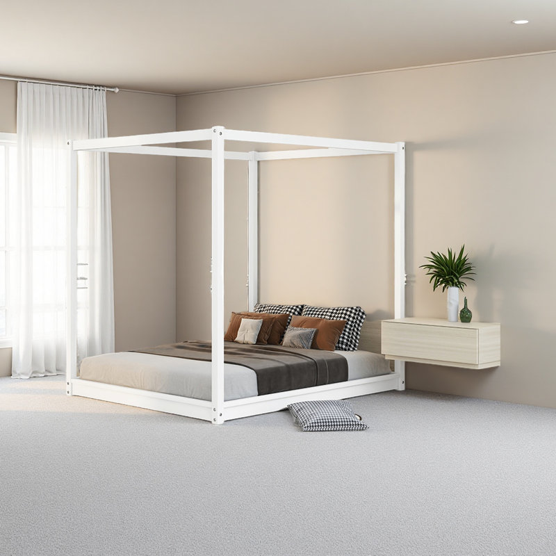 Queen Size Canopy Platform Bed With Support Legs, White