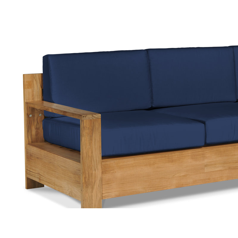 Qube 3 Person Teak Outdoor Sofa With Sunbrella Antique Beige Cushions, Charcoal Grey Sunbrella®, Natural Wood