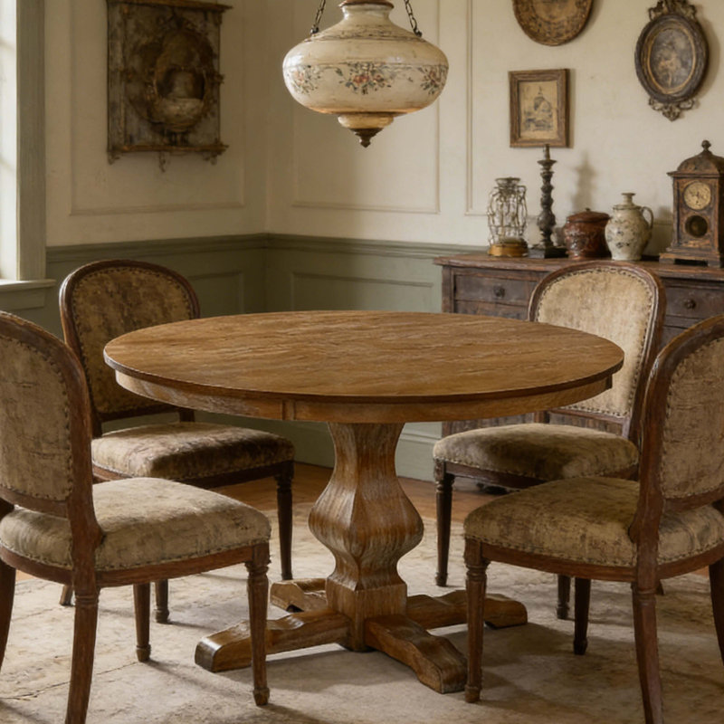 Table de salle à manger ronde à piédestal en bois massif naturel et panneau de fibres à densité moyenne avec base à piédestal de style campagnard rustique pour la salle à manger