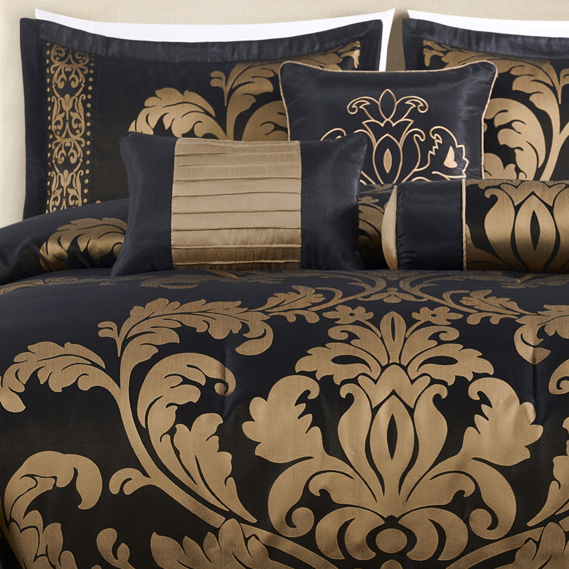 Royale Jacquard Floral 7 Piece Comforter Set, Black/Gold, Oversized Queen Comforter + 6 Additional Pieces