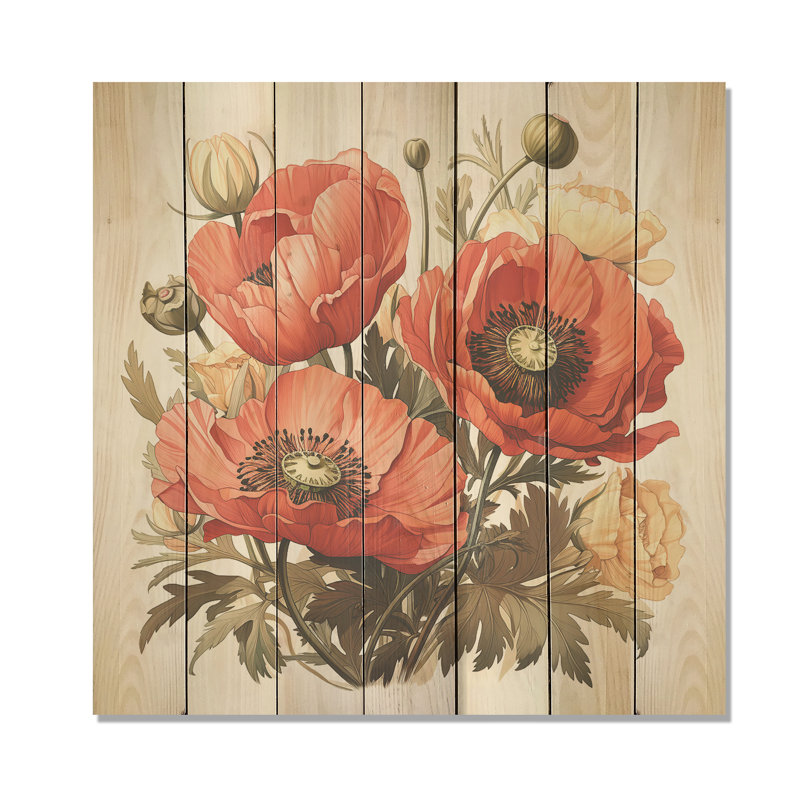 Red Serene Poppy Meadows III - coquelicot sur bois, H 15 po x l 15 po