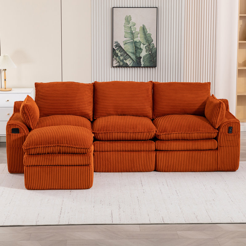 Canapé modulaire en L compressé modulaire en L recouvert de velours côtelé rembourré avec dossier sans repose-pieds, trois coussins et deux coussins lombaires, coussins de siège amovibles