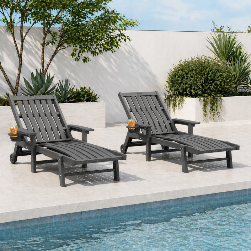 Gray Outdoor HDPE Adjustable Reclining Chaise Lounge Chair With Wheels & Cup Holder (Set of 2), Gray, 2