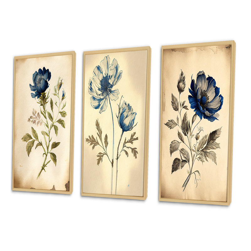 «Blue Vintage Flower Blooming», 3 pièces, Brun, H 28 po x l 36 po