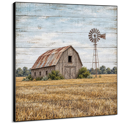 Impression sur tissu grand format - Grange rustique avec moulin à vent dans un champ de blé doré pour salon ou chambre - « Assemblage du cadre requis (cadre non fini) »