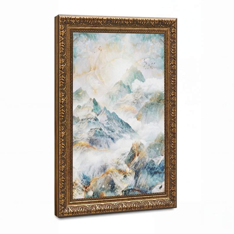Toile sarcelle, montagnes en marbre avec oiseaux, H 24 po x l 16 po