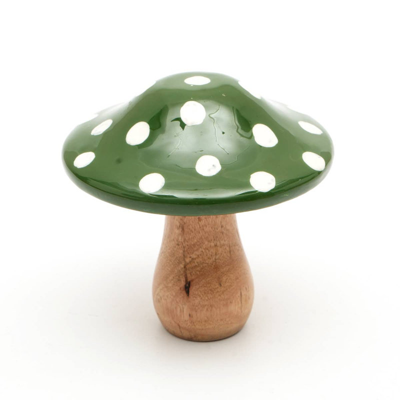 Petit champignon de table en bois | Décoration festive verte et blanche - 3,5 x 3,5 x 4,5 po