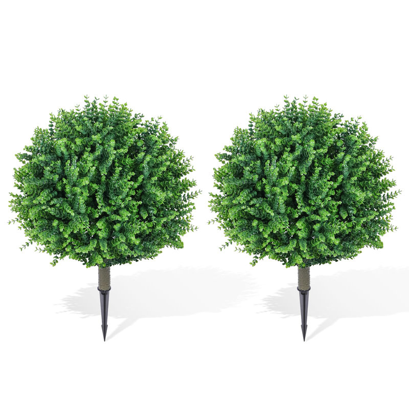  Artificial Eucalyptus Topiary Ball Trees, 24" UV Resistant Faux Boxwood Shrubs with Ground Spikes, Fake Evergreen Plants for Indoor Outdoor Garden, Patio, Porch, Planters
