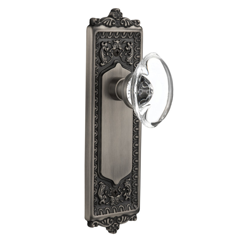 Egg & Dart Plate with Oval Clear Crystal Door Knob, Antique Pewter, 2-3/4”