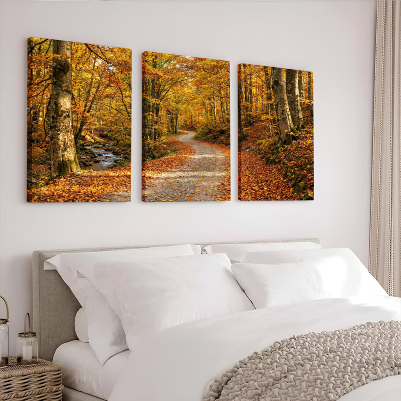 Ensemble de 3 tableaux sur toile tendue représentant un chemin forestier d'automne, 2030
