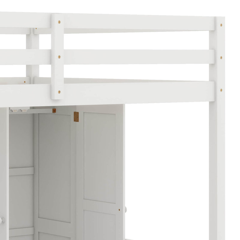 Full Size Loft Bed With Desk And Staircase, Wood High Loft Bed With Charging Station, Bookcase, Wardrobe And Drawers, White