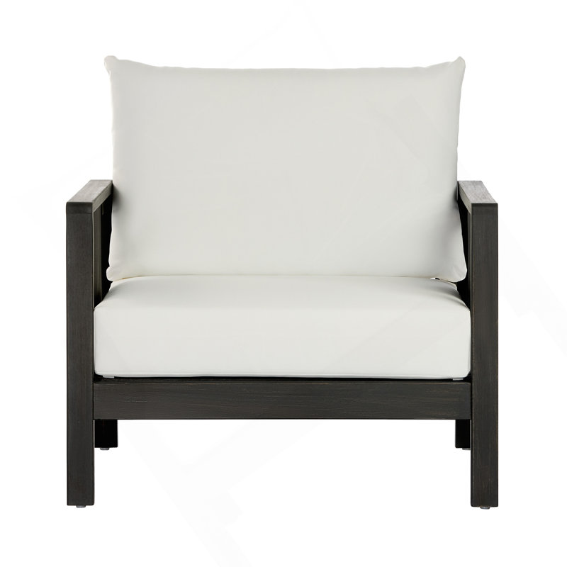 Fauteuil club d'extérieur, structure en bois d'acacia avec accents textilène noir, coussins blancs hydrofuges pour patio / cour arrière / terrasse