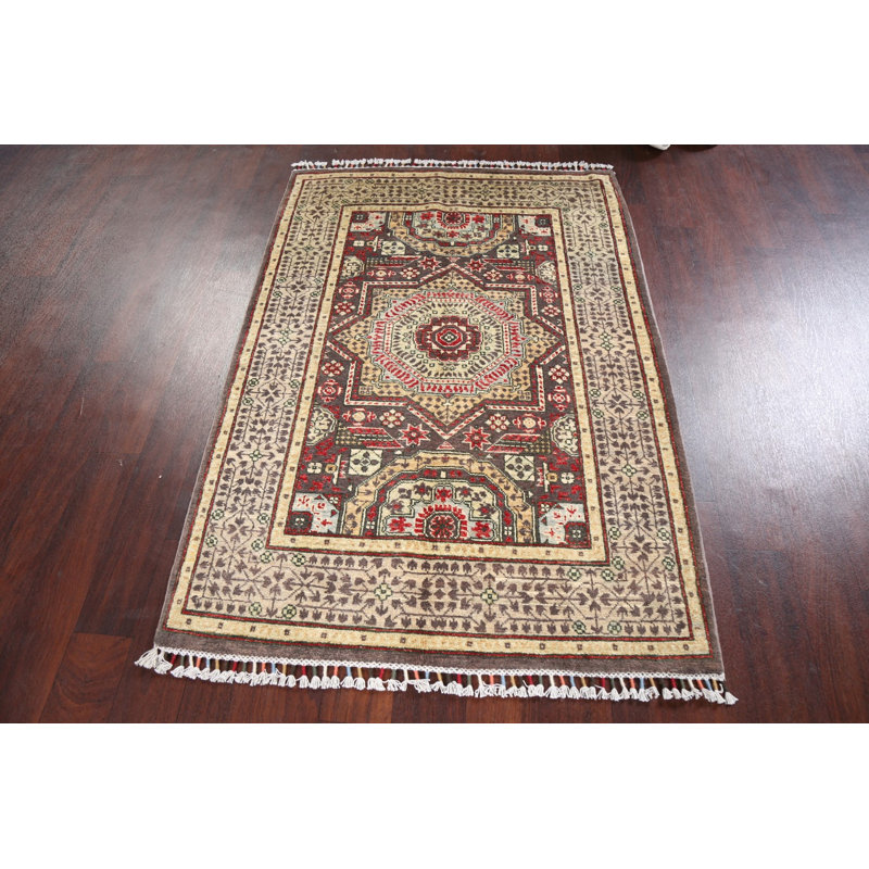 Tapis brun en laine noué à la main de conception unique 3 pi 6 po x 4 pi 10 po Lucie-Rose