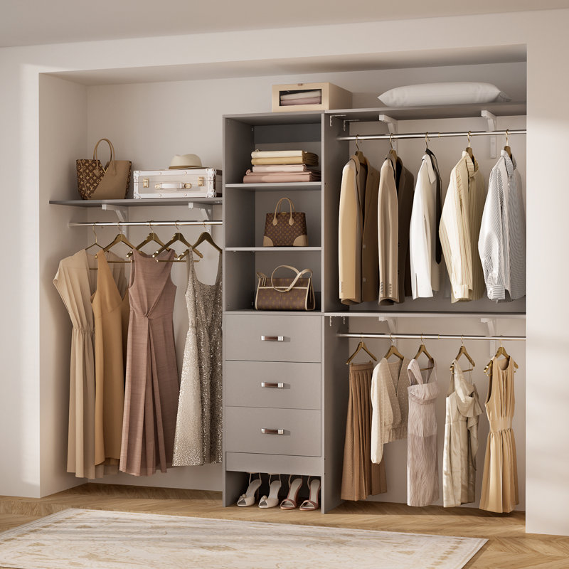  Système de rangement pour garde-robe de 20,2 po à 96 po de largeur avec tiroirs en bois, Gris