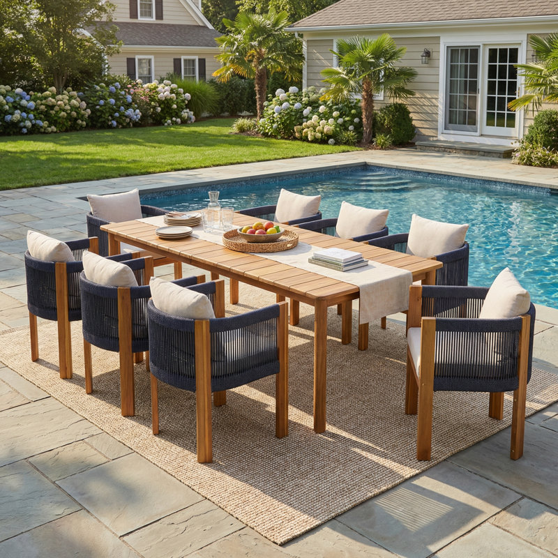 Kade Modern Outdoor Acacia Wood Dining Set With Curved-Back Water-Repellent Cushioned Chairs, Sand Cushion / Black/Teak Frame