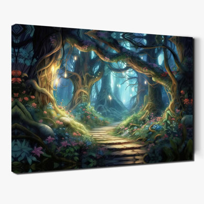 Enchanted magical forest path with glowing lights poster