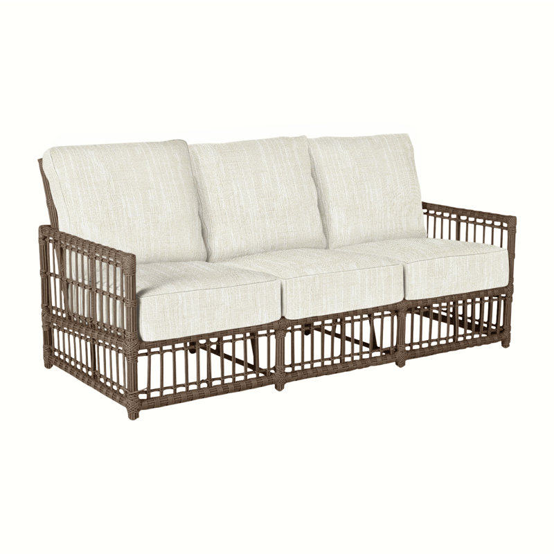 Newport 79" Wide Outdoor Wicker Patio Sofa with Cushions, No Welt, Newport #66 Burlap, Linen Chambray