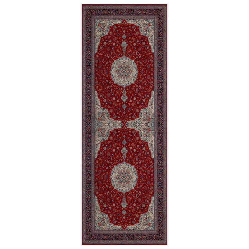 Guria Red/Beige Oriental Machine Printed Cotton Chenille Area Rug, Runner 2'8" x 10'6"