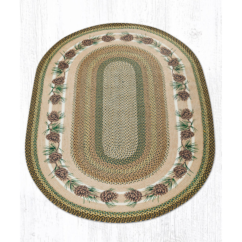 Earth Rugs Oval Patch Tread – Needles & Cones Pine Forest Design in Braided Jute, Rustic Lodge-Style Area Rug, 4'x6'
