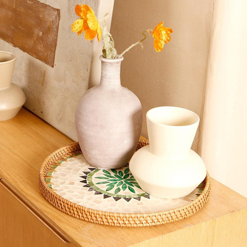 Round Rattan Tray With Mother Of Pearl Inlay & Wooden Base - Dec...