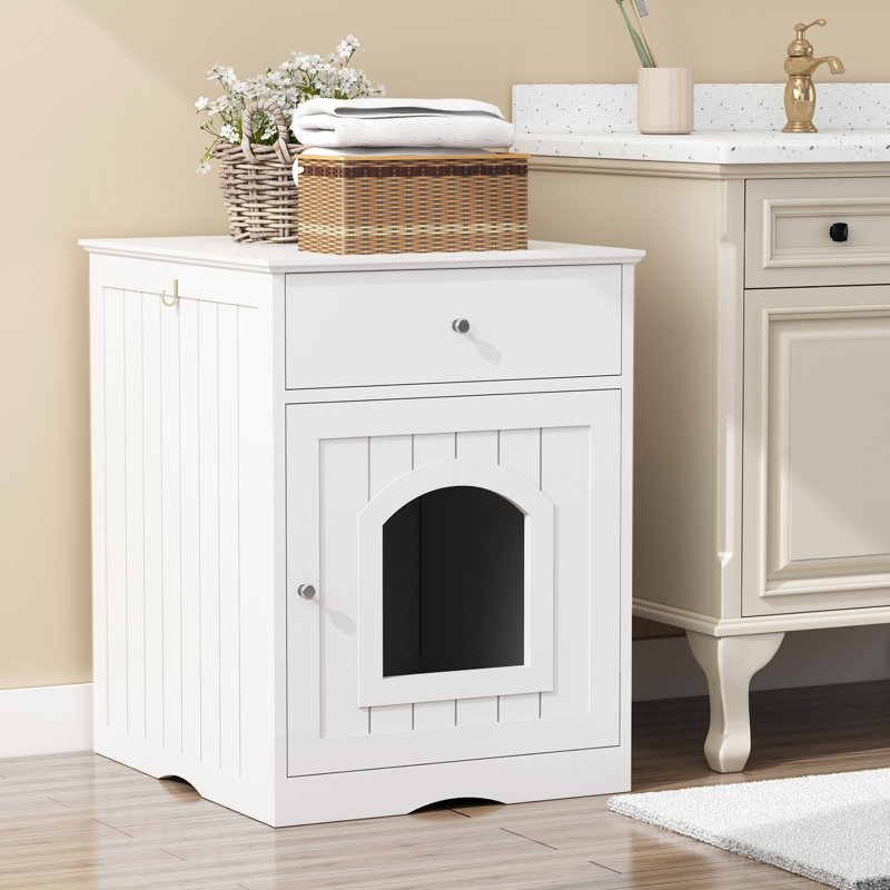 Enceinte de litière d'intérieur en bois pour chat avec table d'appoint et tiroir - blanc et utilisable, Blanc