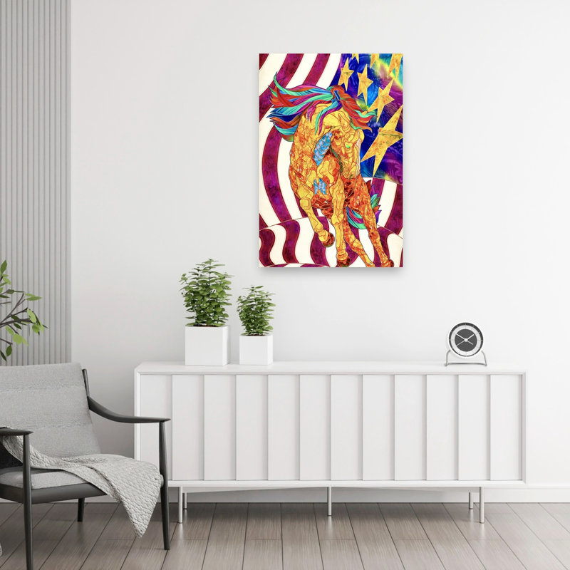 Affiche murale abstraite et colorée représentant un paysage équestre moderne et coloré avec un drapeau patriotique et un cheval.