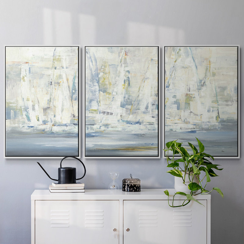 Regatta Time - 3 Piece Floater Frame Print on Canvas, 36" H x 75" W x 2" D, White