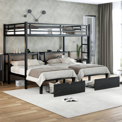Full XL Over Twin & Twin Metal Triple Bunk Bed with Drawers, Built-in Shelves & USB Ports, Heavy-Duty Black Frame, Space-Saving Multi-Functional Design for Kids Teens Adults