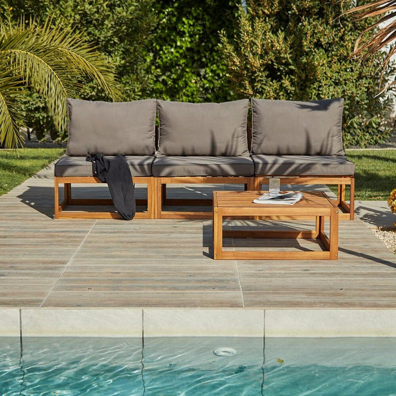 Rimasha 3 Seater Wooden Garden Armless Sofa & Coffee Table - Grey, Grey