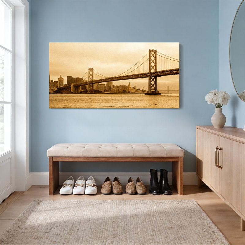 Ensemble de 1 tableau sur toile tendue représentant le pont de la baie de San Francisco, tons sépia, H 28 po x l 58 po