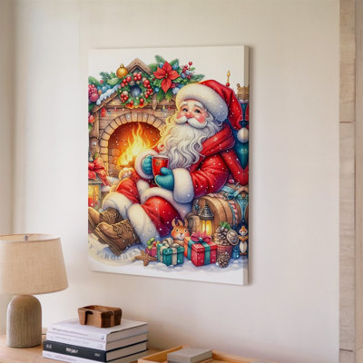 Reproduction d'art sur toile, "Une scène festive douillette avec un joyeux père Noël assis confortablement dans un fauteuil à côté d'un foyer craquelé", art sur toile