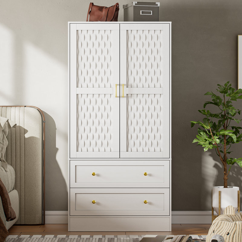 White MDF Freestanding Armoire Wardrobe Closet with Woven Doors
