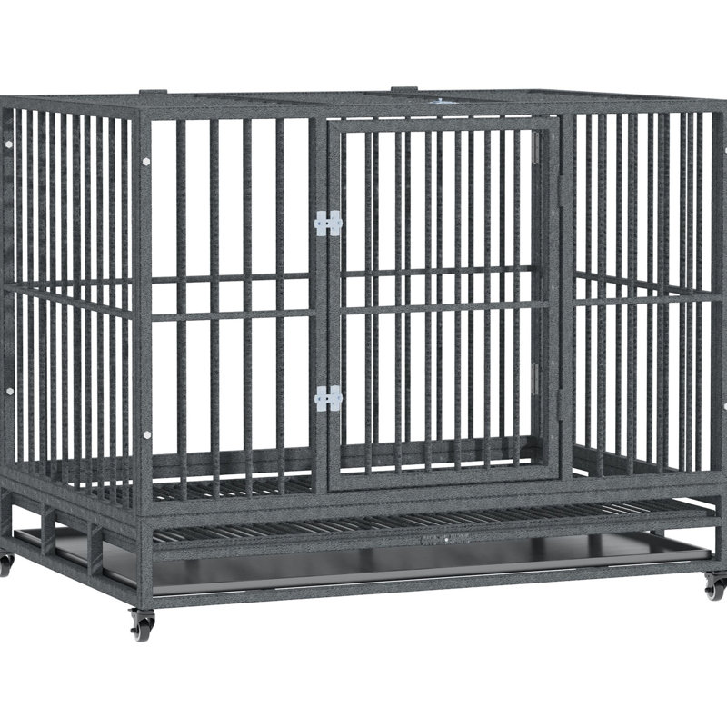 Cage pour chien 43 po en métal gris avec roues verrouillables, porte double, plateau amovible