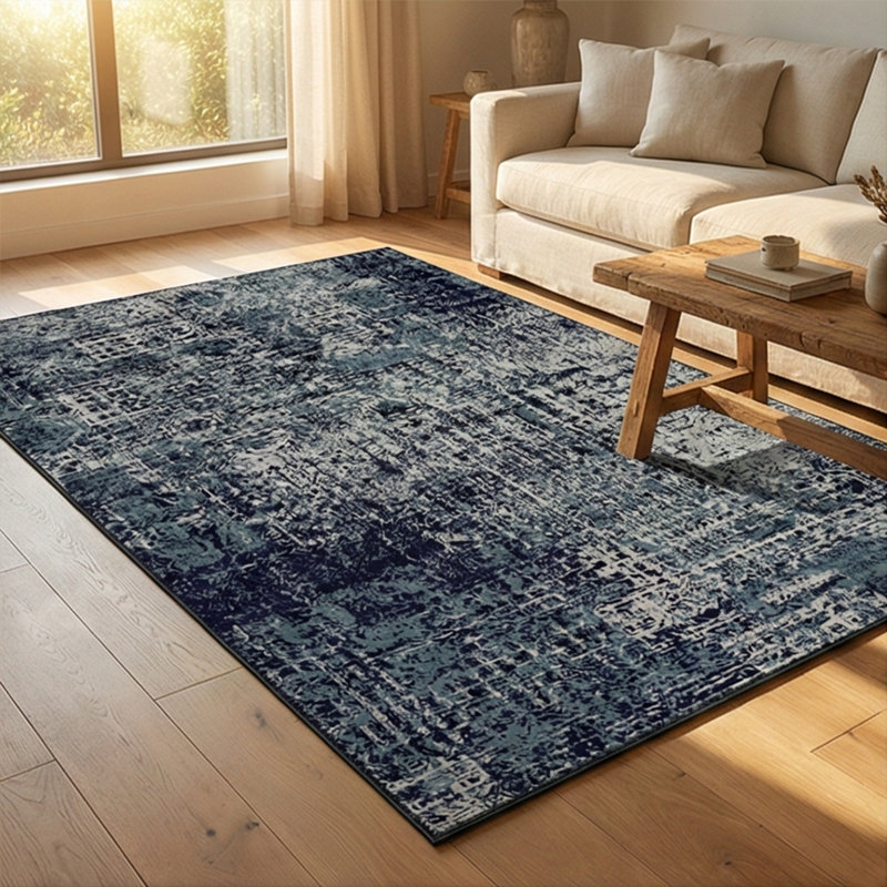 Beanland Abstract Navy and Slate Blue Distressed Velvet Area Rug